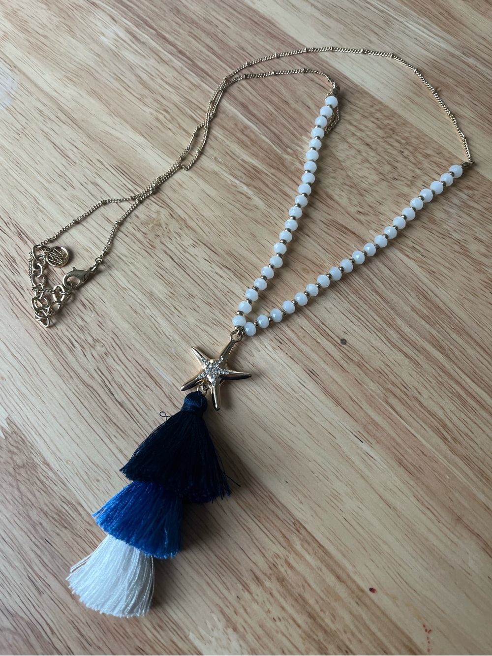 Blue Tassel White Beaded Starfish Necklace - Picture 4 of 5